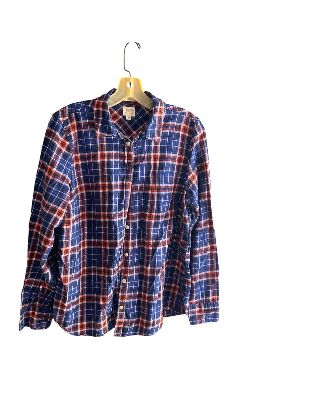 Women's Boy Fit red white blue plaid long sleeve shirt Size M